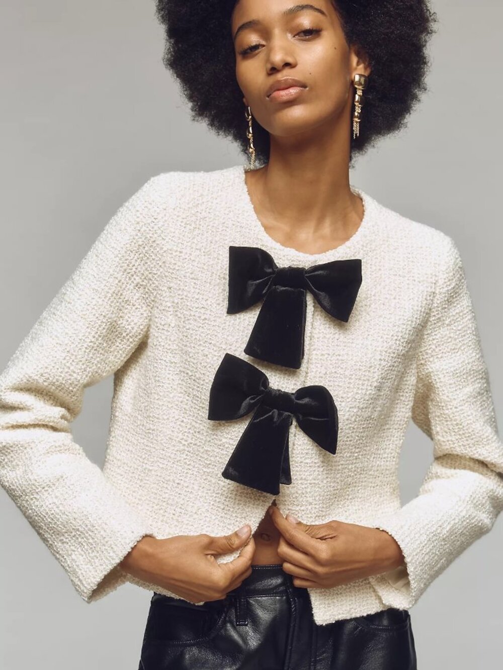 Avec Les Filles Bow Tweed Lady Cropped Jacket in Off White w/ Black Bows XS - Picture 2 of 9